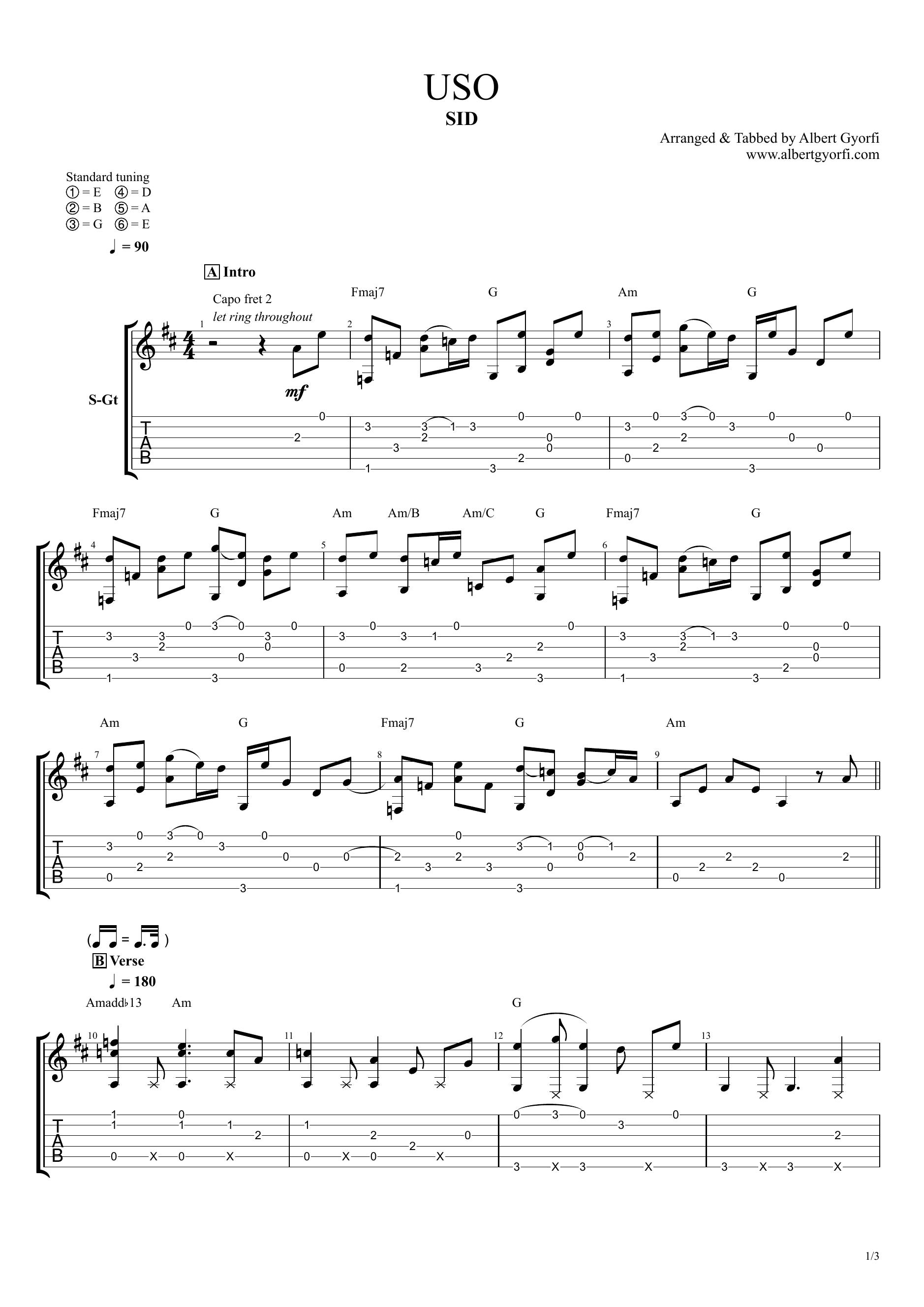 USO (Lie) by SID by Fingerstyle Guitar Arrangement by Albert Gyorfi