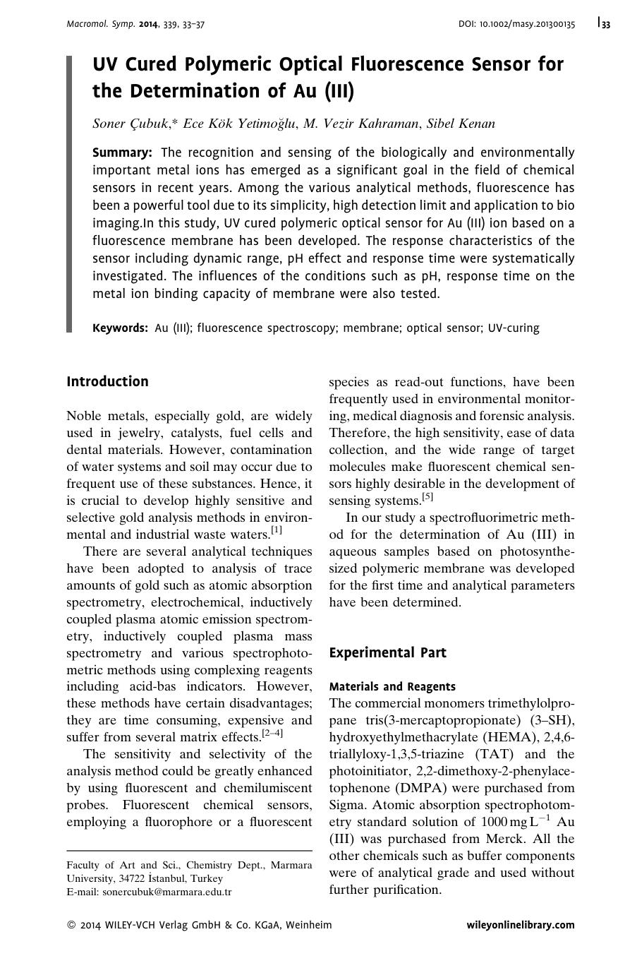 UV Cured Polymeric Optical Fluorescence Sensor for the Determination of Au (III) by Unknown