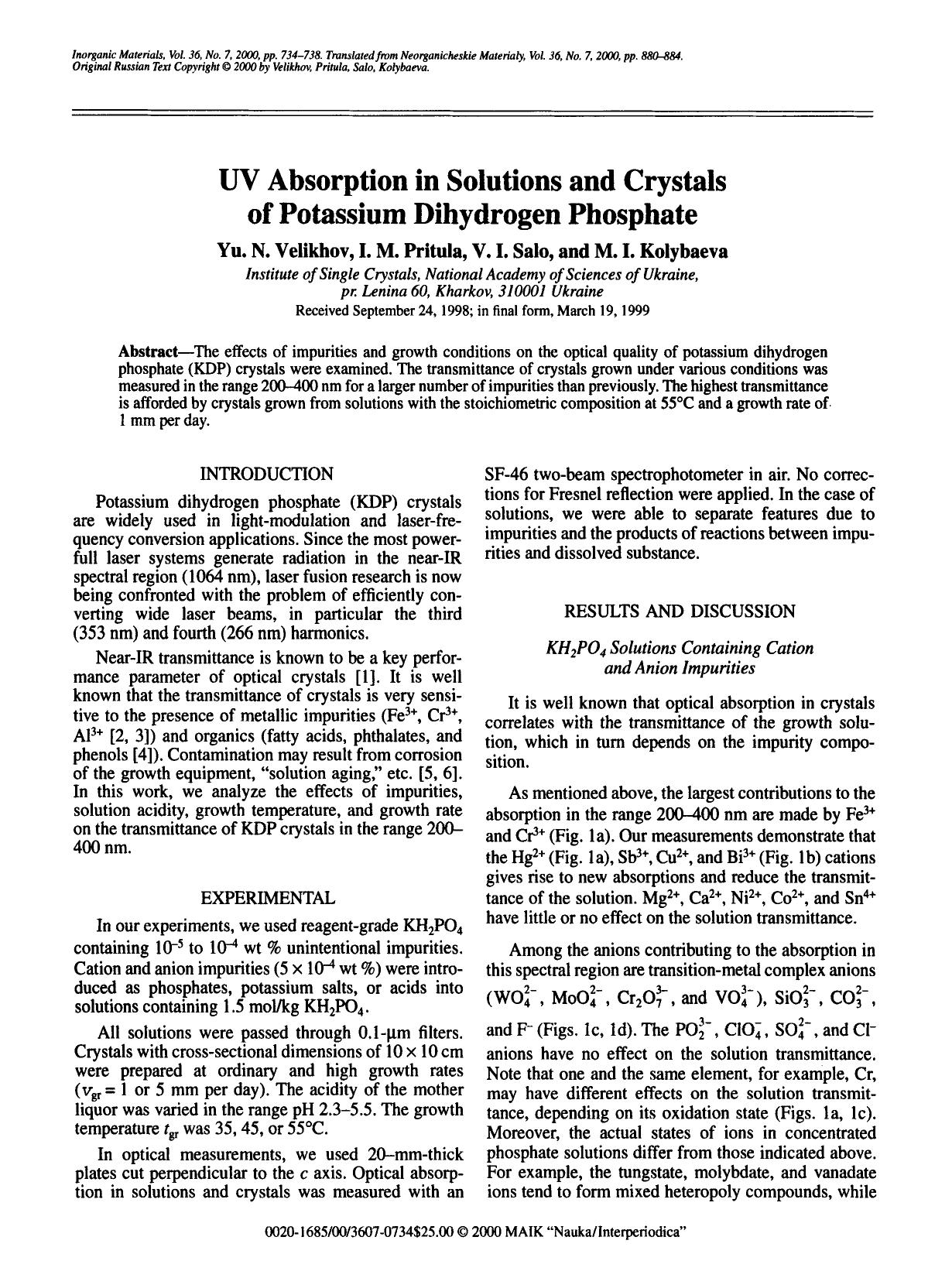 UV absorption in solutions and crystals of potassium dihydrogen phosphate by Unknown