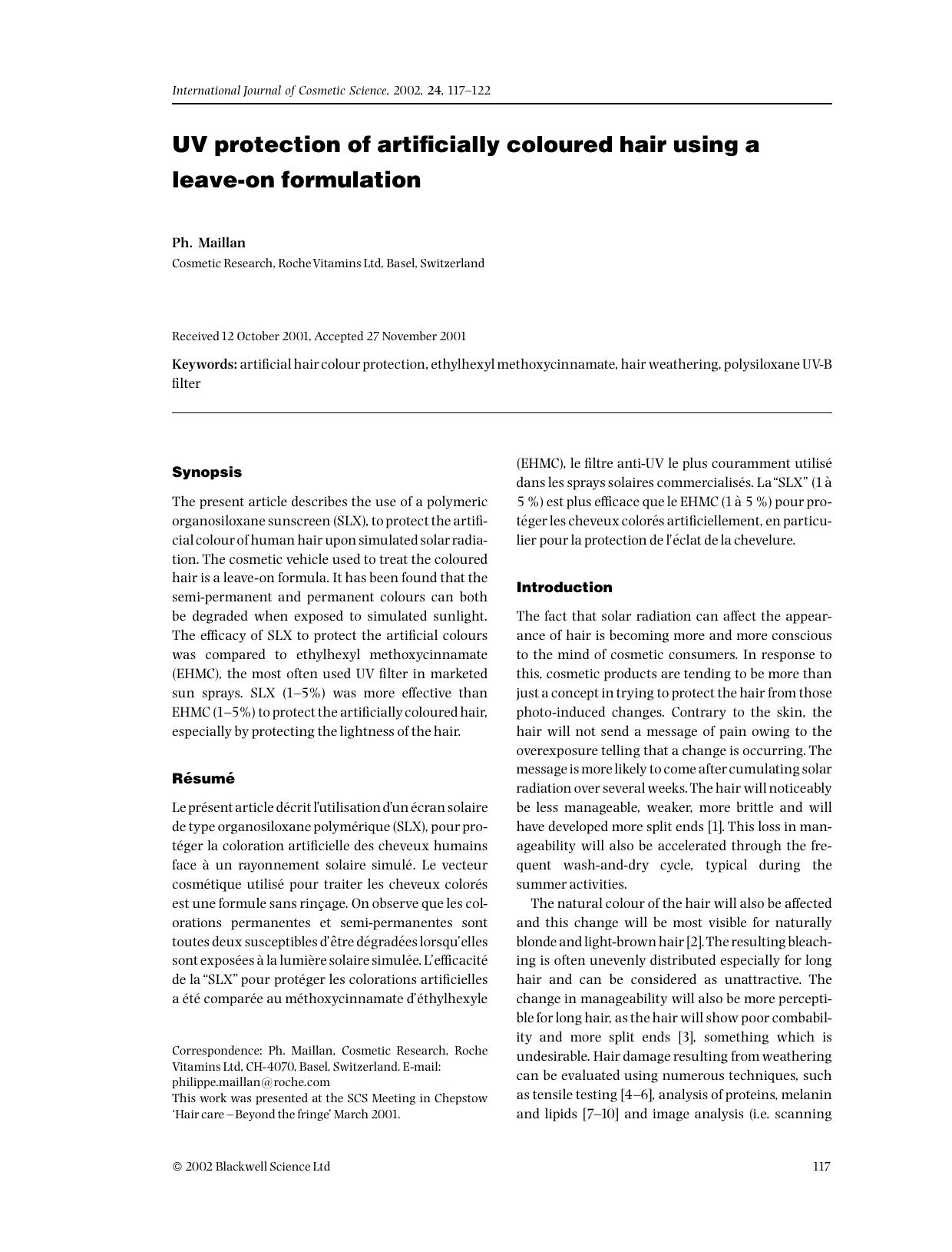 UV protection of artificially coloured hair using a leave-on formulation by Unknown