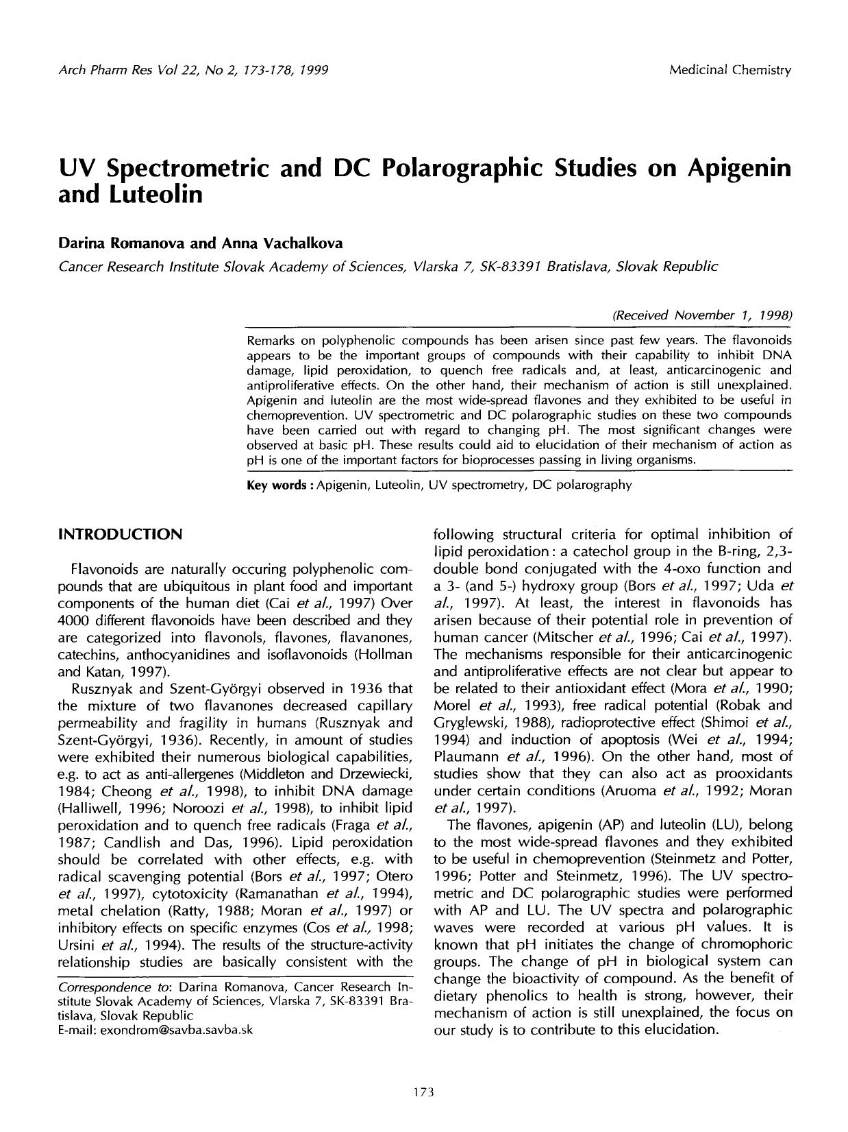 UV spectrometric and DC polarographic studies on apigenin and luteolin by Unknown