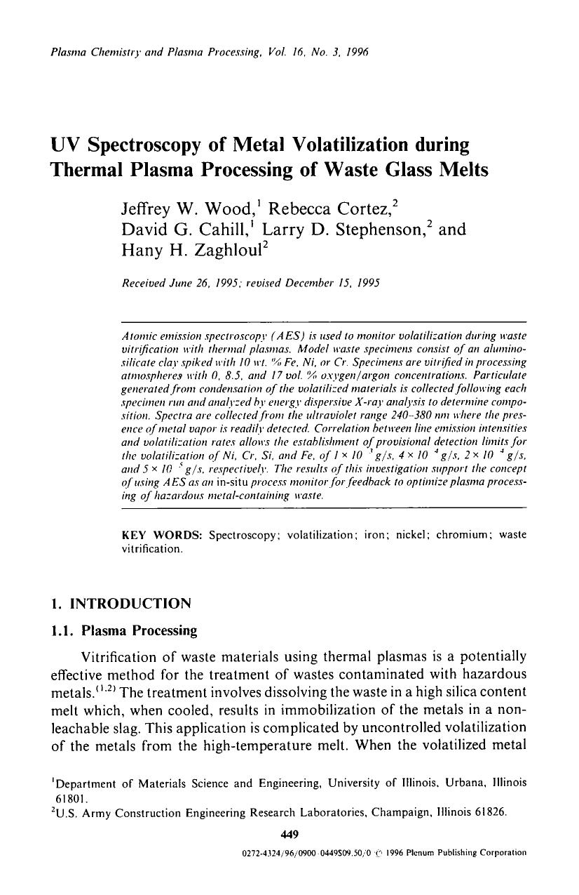 UV spectroscopy of metal volatilization during thermal plasma processing of waste glass melts by Unknown