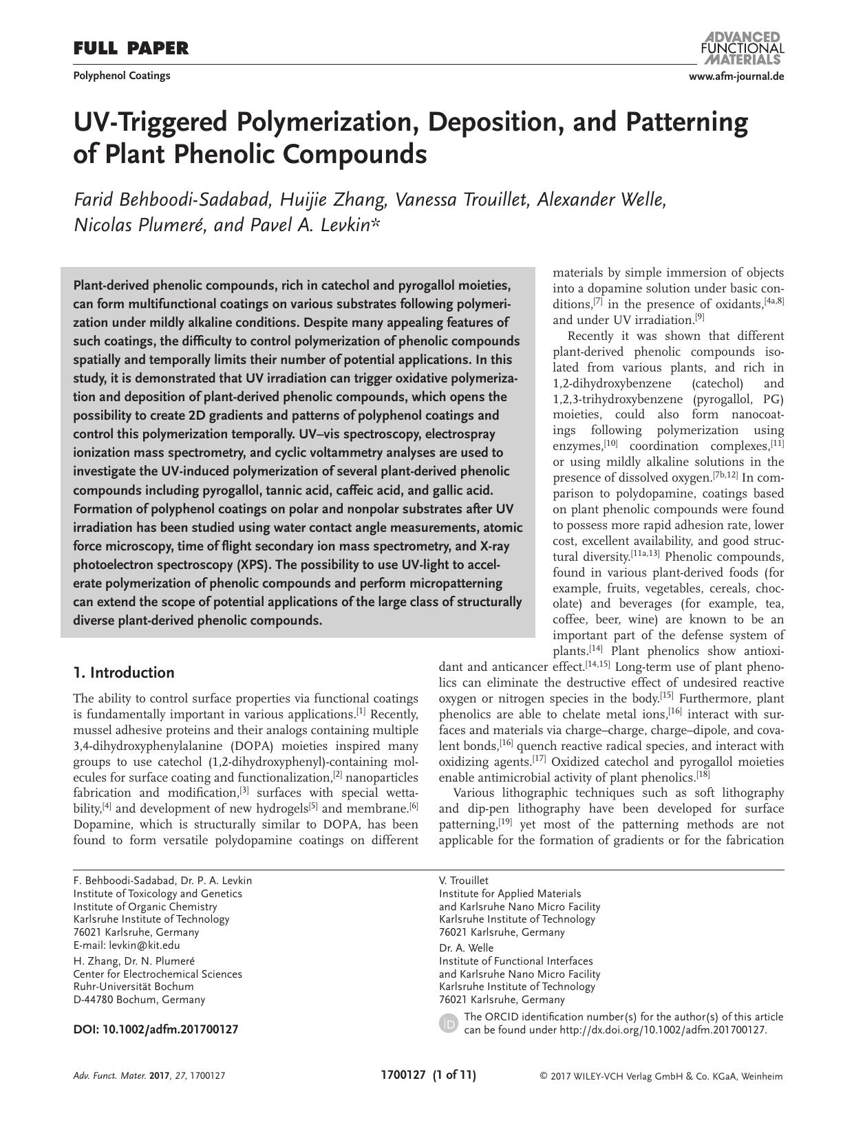 UV‐Triggered Polymerization, Deposition, and Patterning of Plant Phenolic Compounds by Unknown