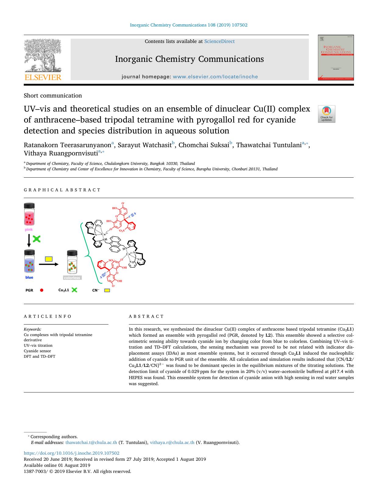 UVâvis and theoretical studies on an ensemble of dinuclear Cu(II) complex of anthraceneâbased tripodal tetramine with pyrogallol red for cyanide detection and species distribut by unknow