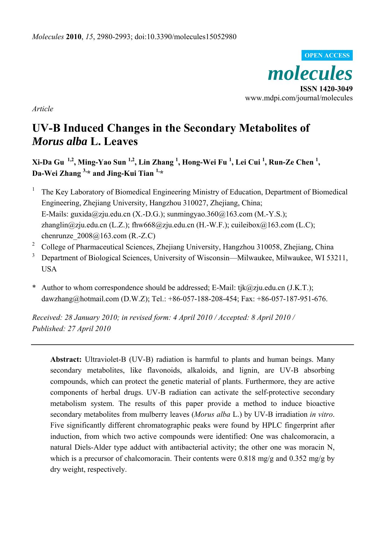 UV-B Induced Changes in the Secondary Metabolites of Morus alba L. Leaves by unknow