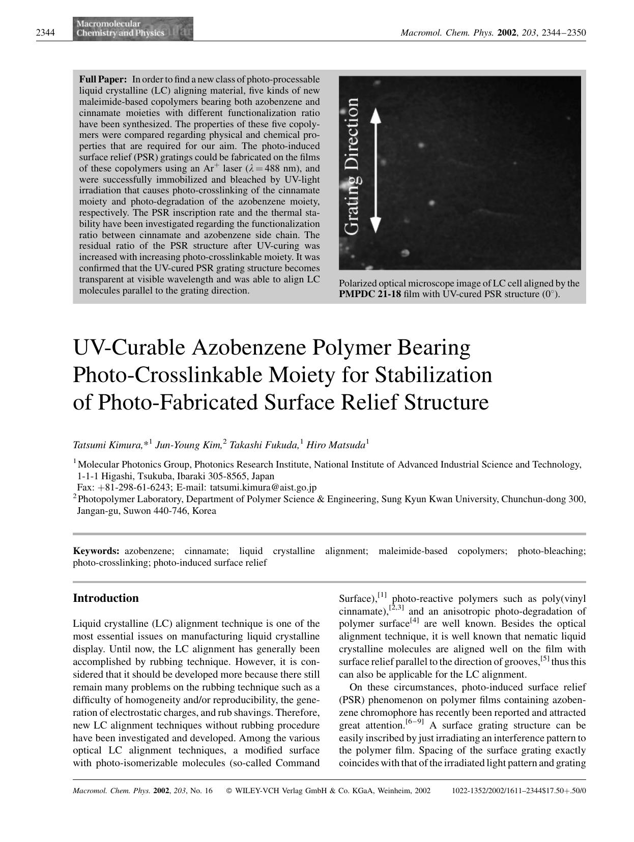 UV-Curable Azobenzene Polymer Bearing Photo-Crosslinkable Moiety for Stabilization of Photo-Fabricated Surface Relief Structure by unknow