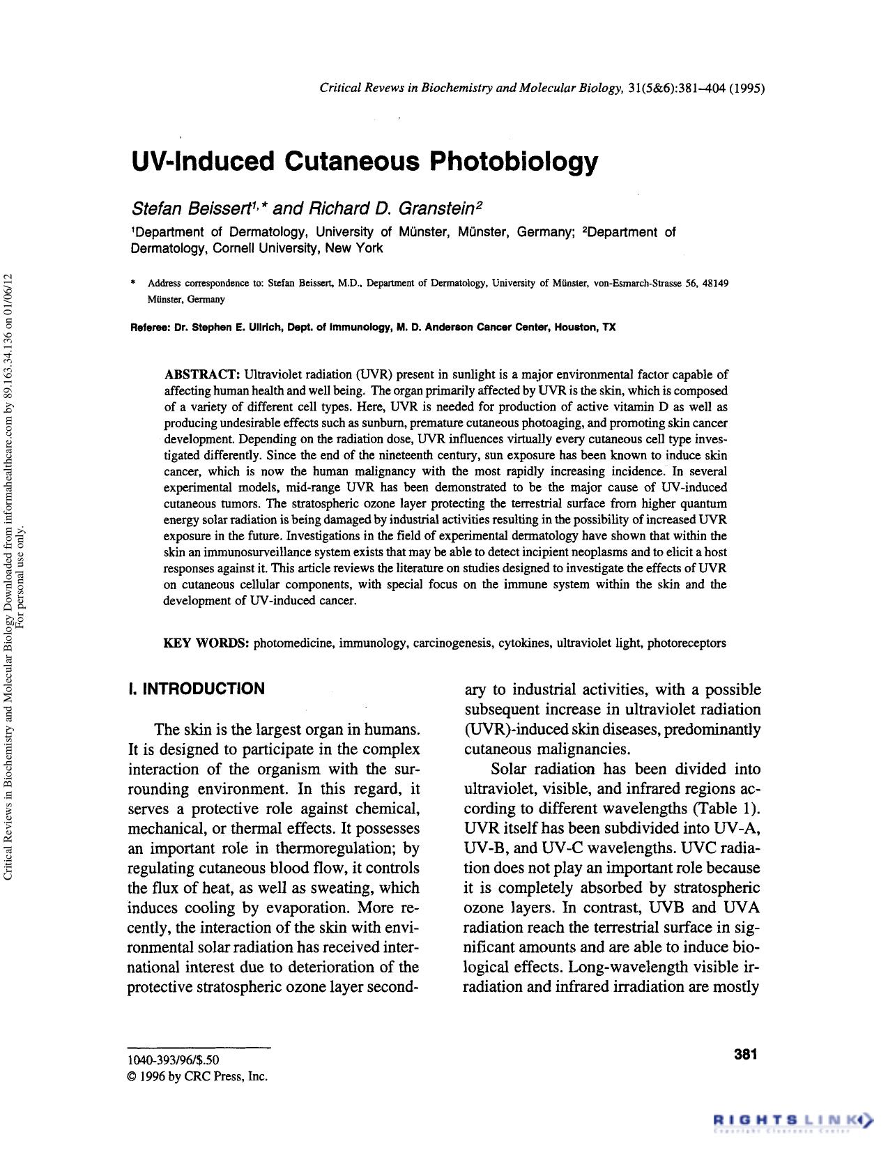 UV-Induced Cutaneous Photobiology by Stefan Beissert & Richard D. Granstein