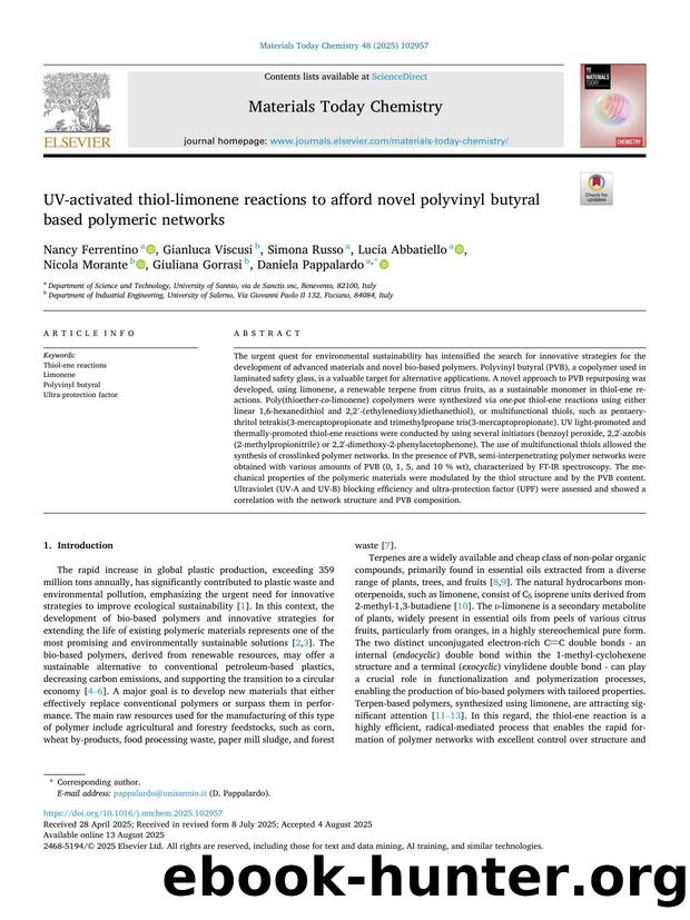 UV-activated thiol-limonene reactions to afford novel polyvinyl butyral based polymeric networks by unknow