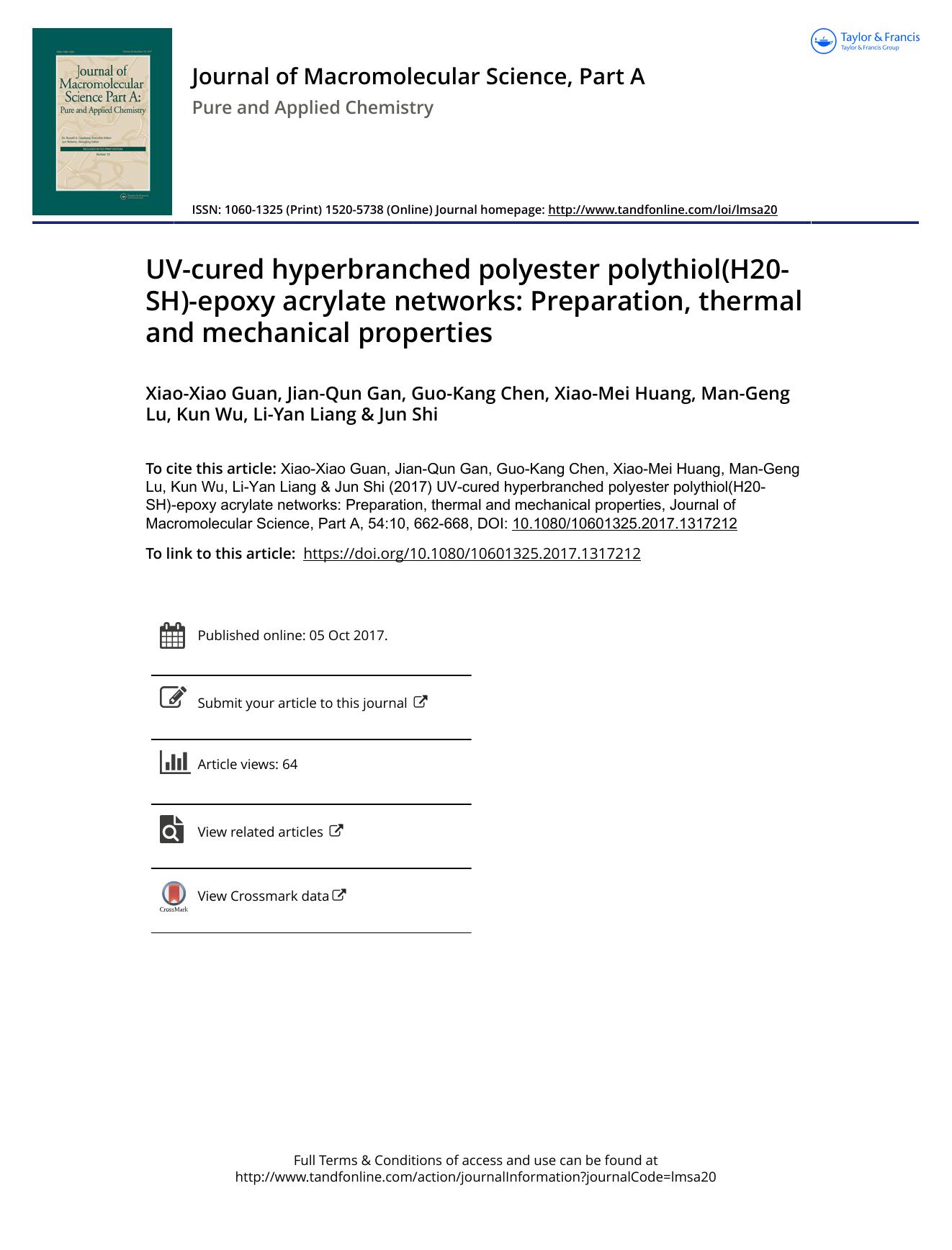 UV-cured hyperbranched polyester polythiol\(H20-SH\)-epoxy acrylate networks: Preparation, thermal and mechanical properties by unknow