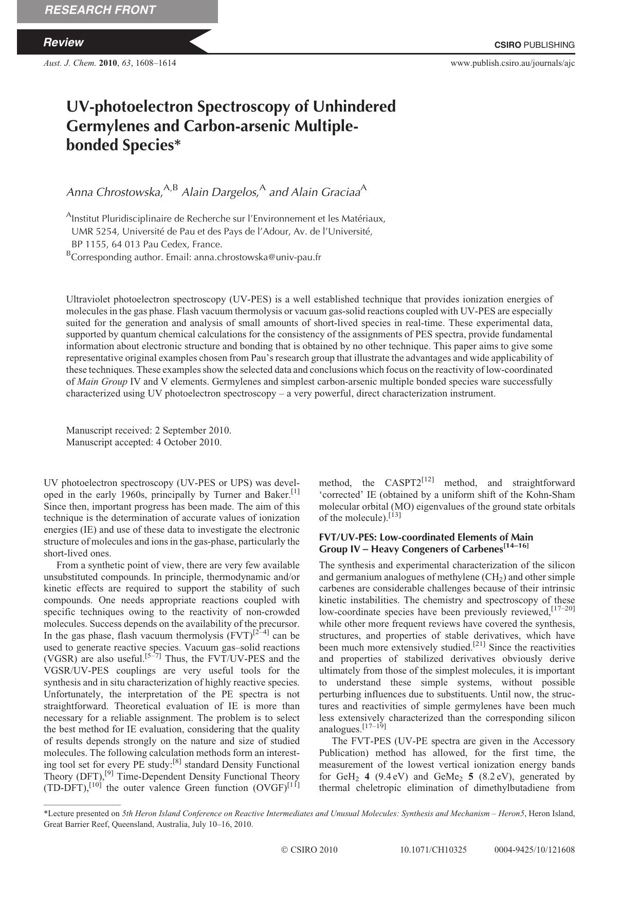 UV-photoelectron Spectroscopy of Unhindered Germylenes and Carbon-arsenic Multiple-bonded Species* by A. Chrostowska A. Dargelos and A. Graciaa