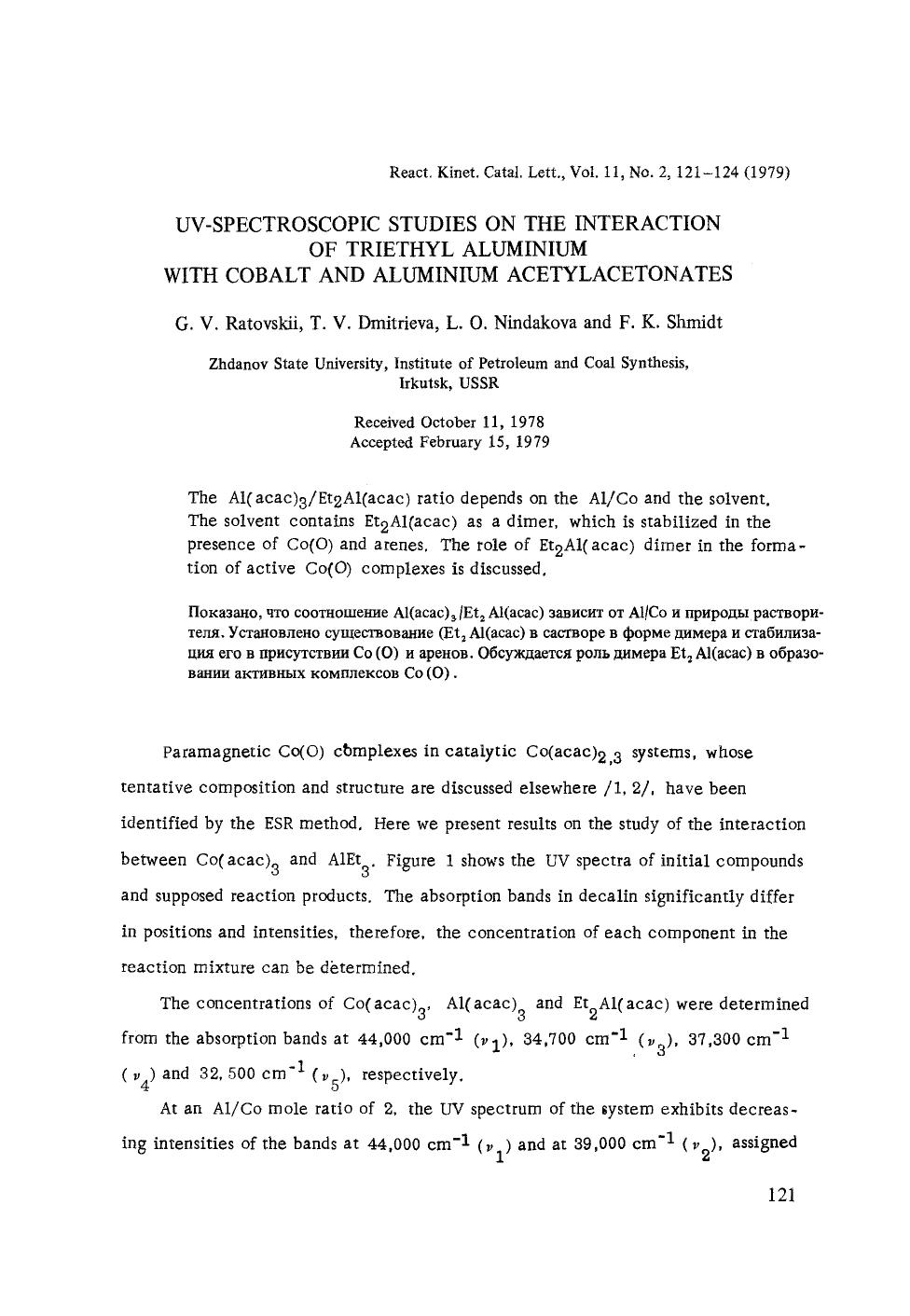 UV-spectroscopic studies on the interaction of triethyl aluminium with cobalt and aluminium acetylacetonates by Unknown