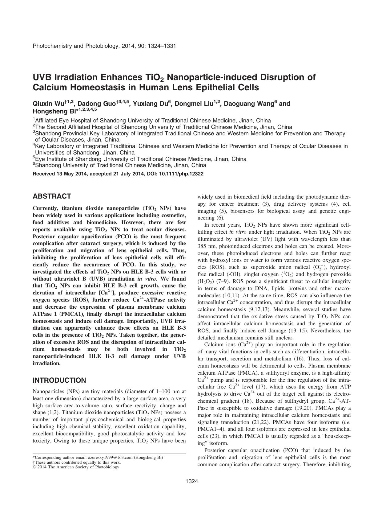 UVB Irradiation Enhances TiO2 Nanoparticleinduced Disruption of Calcium Homeostasis in Human Lens Epithelial Cells by Unknown