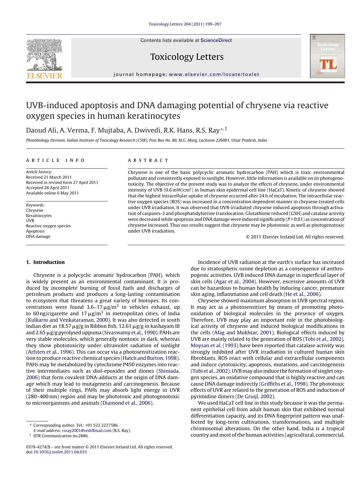 UVB-induced apoptosis and DNA damaging potential of chrysene via reactive oxygen species in human keratinocytes by Daoud Ali