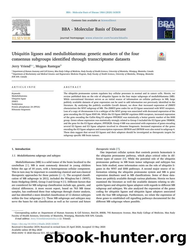 Ubiquitin ligases and medulloblastoma_ genetic markers of the four consensus subgroups identified through transcriptome datasets by Jerry Vriend & Mojgan Rastegar