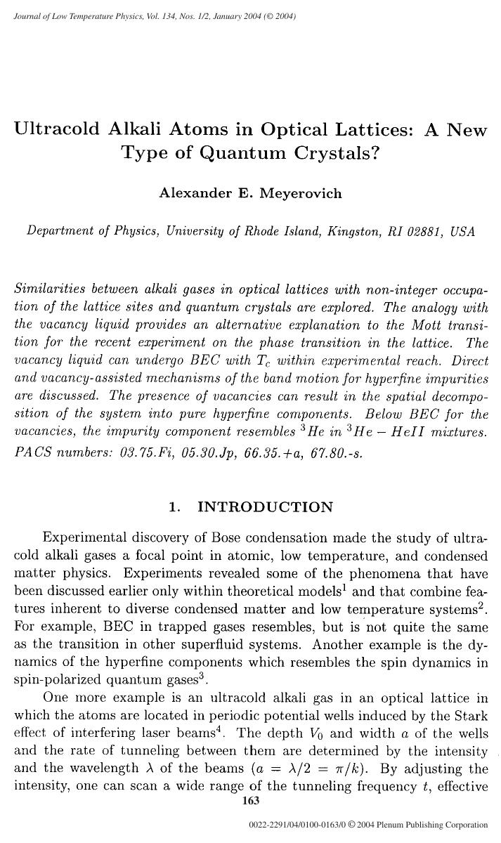 Ugtracold Alkali Atoms in Optical Lattices: A New Type of Quantum Crystals? by Unknown