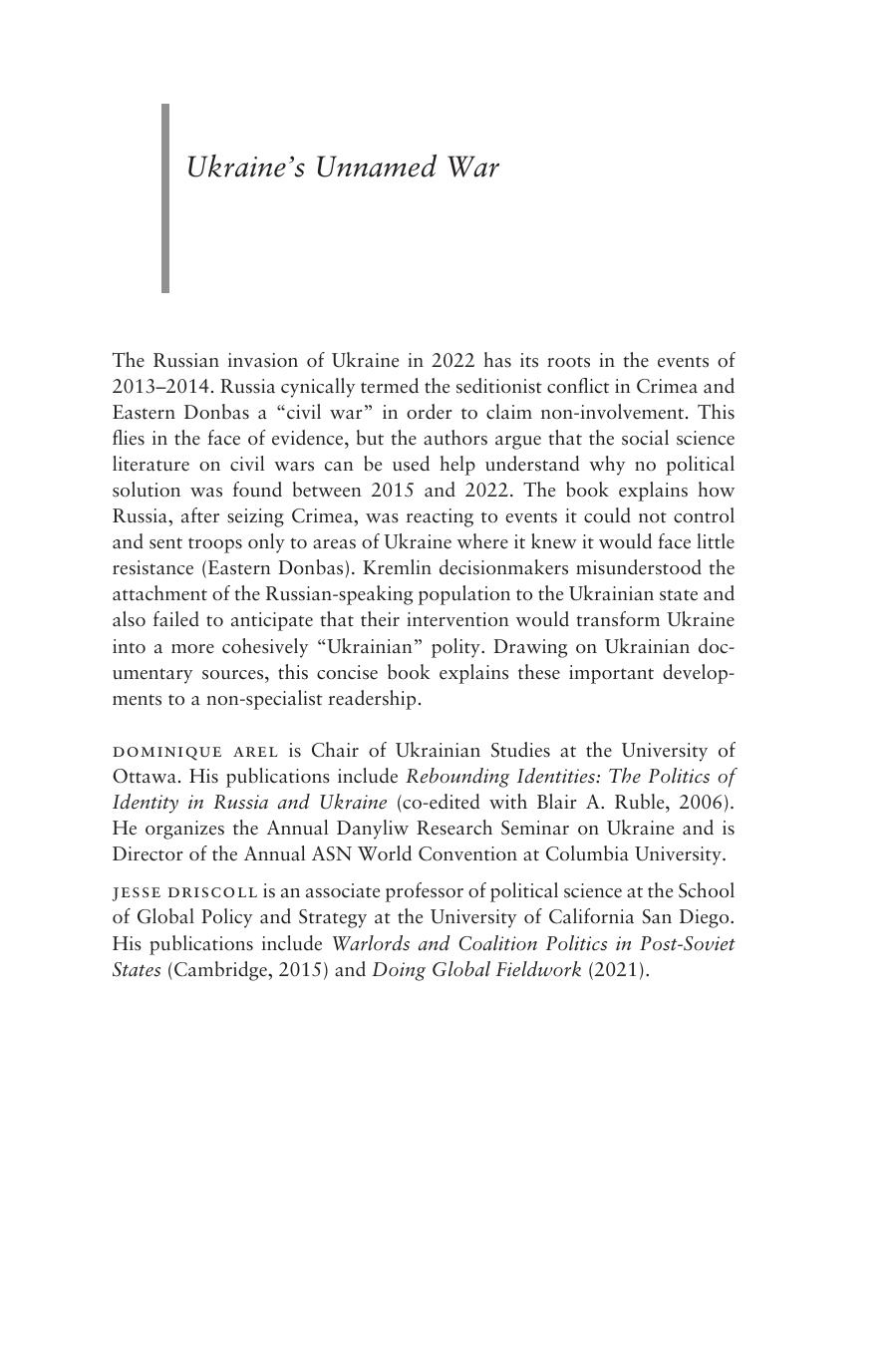 Ukraine's Unnamed War: Before the Russian Invasion of 2022 by Dominique Arel Jesse Driscoll