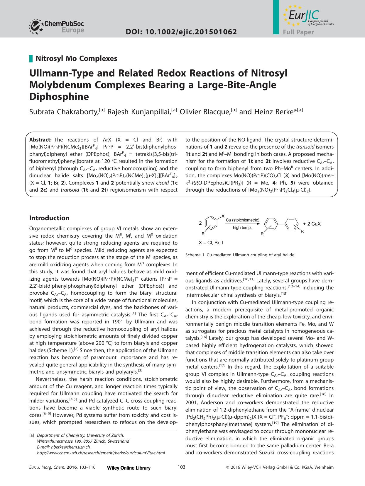 UllmannType and Related Redox Reactions of Nitrosyl Molybdenum Complexes Bearing a LargeBiteAngle Diphosphine by Unknown