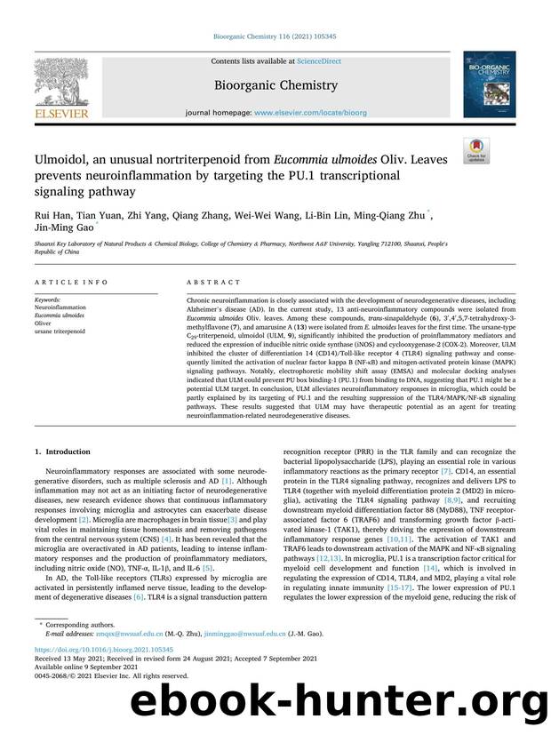 Ulmoidol, an unusual nortriterpenoid from Eucommia ulmoides Oliv. Leaves prevents neuroinflammation by targeting the PU.1 transcriptional signaling pathway by unknow