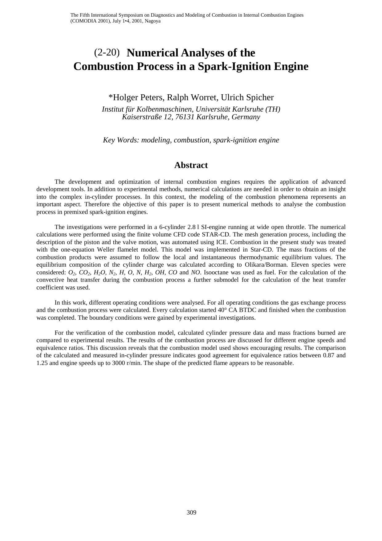 Ulrich Spicher Numerical Analyses of the Combustion Process in a Spark-Ignition Engine by Peters H. Worret R