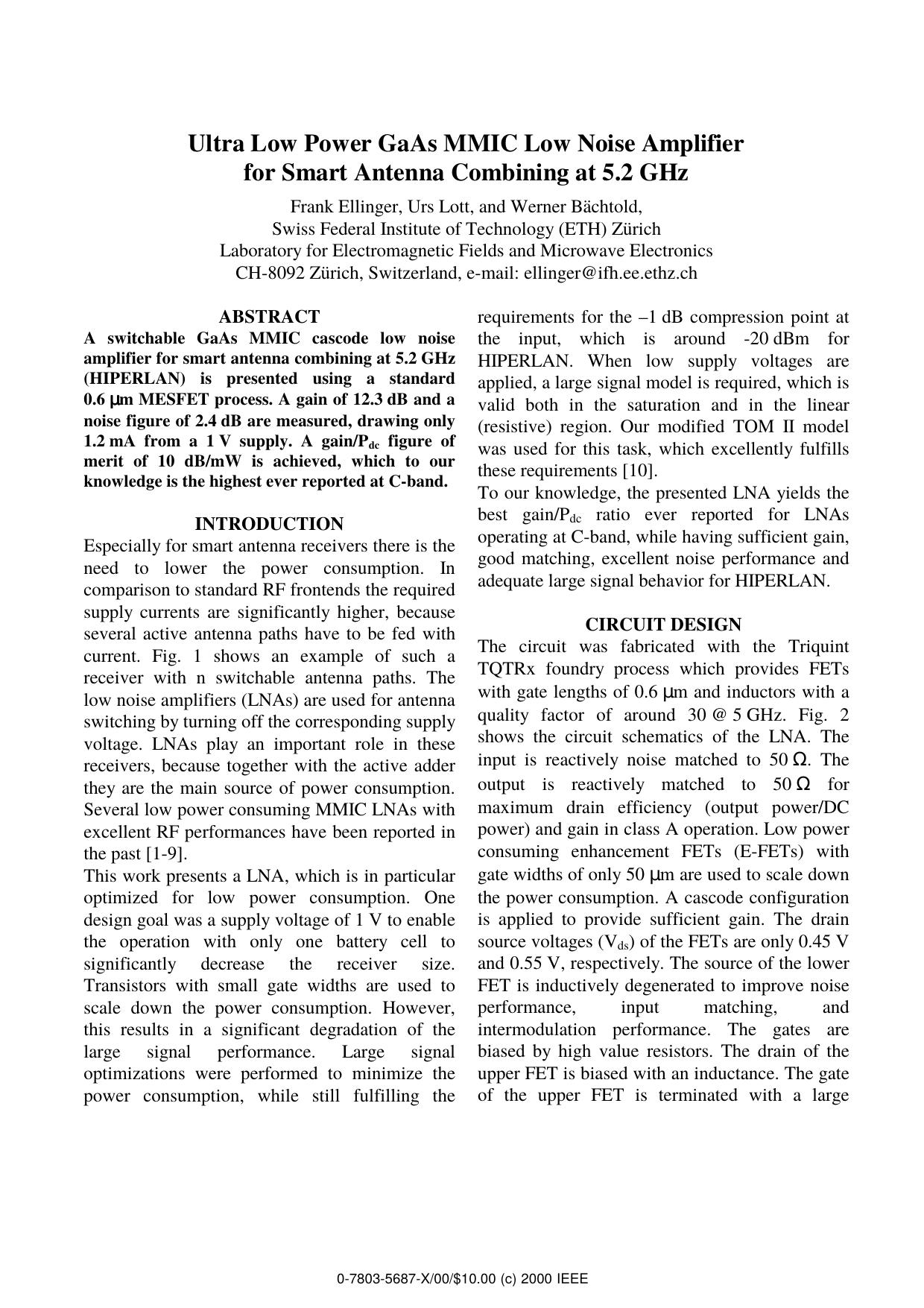 Ultra Low Power GaAs MMIC Low Noise Amplifier for Smart Antenna Combining at 5.2 GHz by F. Ellinger U. Lott & W. Bächtold
