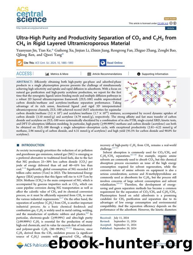 Ultra-High Purity and Productivity Separation of CO2 and C2H2 from CH4 in Rigid Layered Ultramicroporous Material by unknow