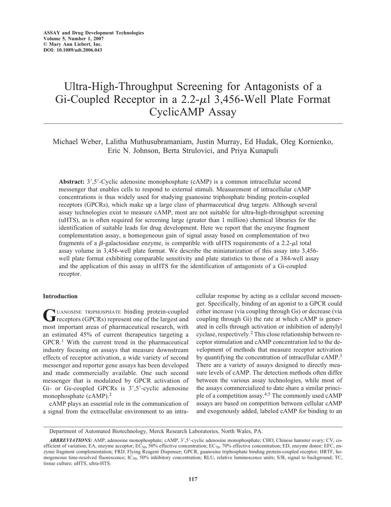 Ultra-High-Throughput Screening for Antagonists of A Gi-Coupled Receptor in A 2.2-Î¼l 3,456-Well Plate Format CyclicAMP Assay by unknow