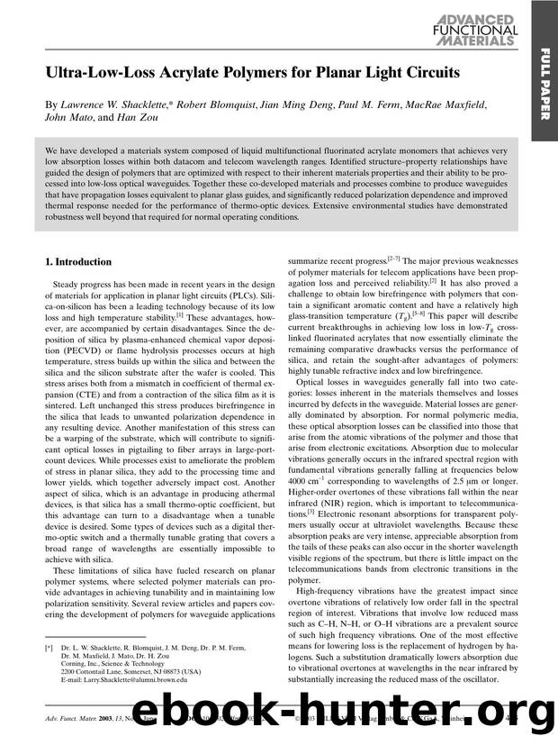 Ultra-Low-Loss Acrylate Polymers for Planar Light Circuits by Unknown