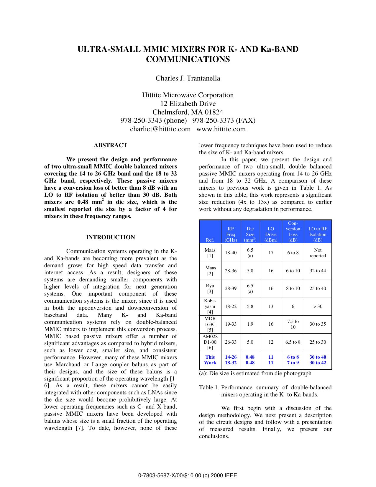 Ultra-Small MMIC Mixers for K- and Ka-Band Communications by C. J. Trantanella