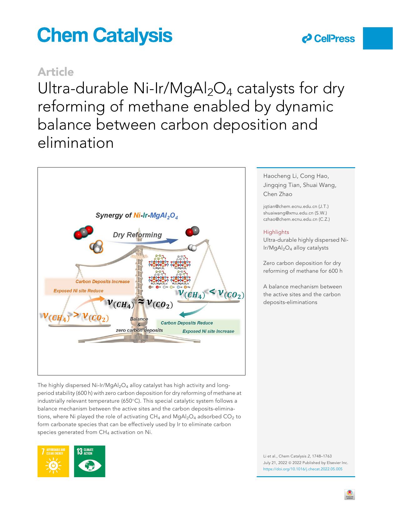 Ultra-durable Ni-IrMgAl2O4 catalysts for dry reforming of methane enabled by dynamic balance between carbon deposition and elimination by Haocheng Li & Cong Hao & Jingqing Tian & Shuai Wang & Chen Zhao