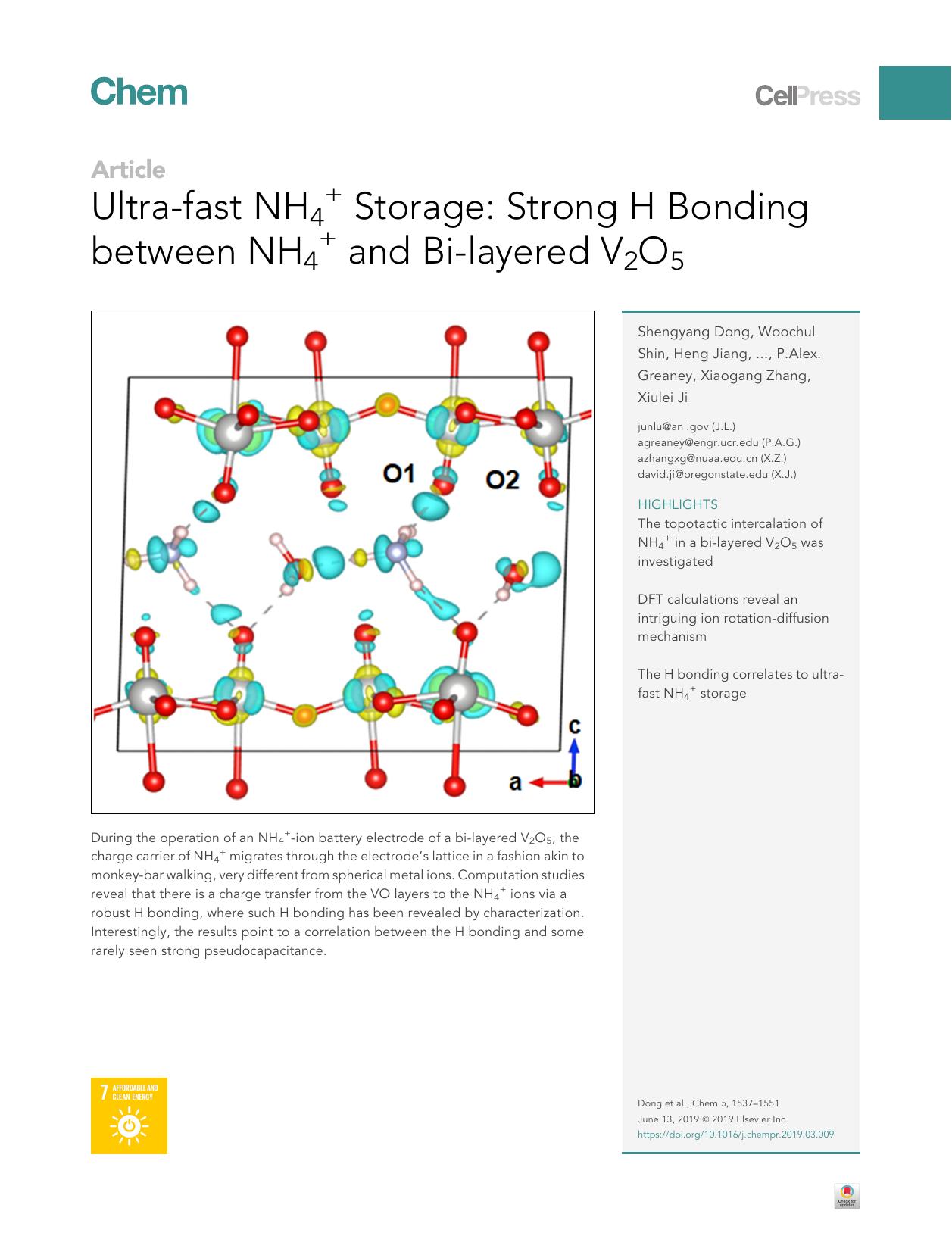 Ultra-fast NH4+ Storage: Strong H Bonding between NH4+ and Bi-layered V2O5 by unknow