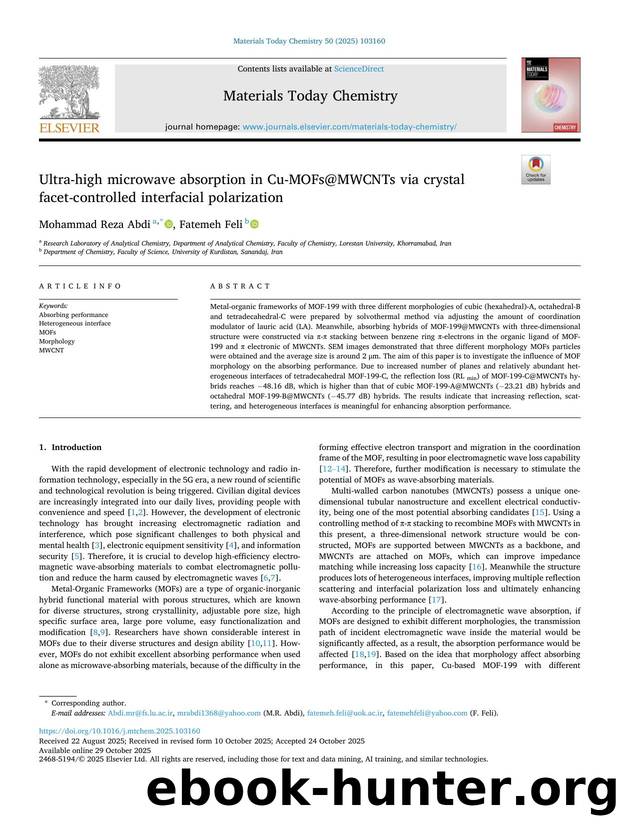 Ultra-high microwave absorption in Cu-MOFs@MWCNTs via crystal facet-controlled interfacial polarization by Mohammad Reza Abdi & Fatemeh Feli