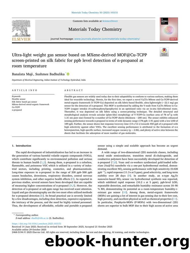 Ultra-light weight gas sensor based on MXene-derived MOF@Cu-TCPP screen-printed on silk fabric for ppb level detection of n-propanol at room temperature by Banalata Maji