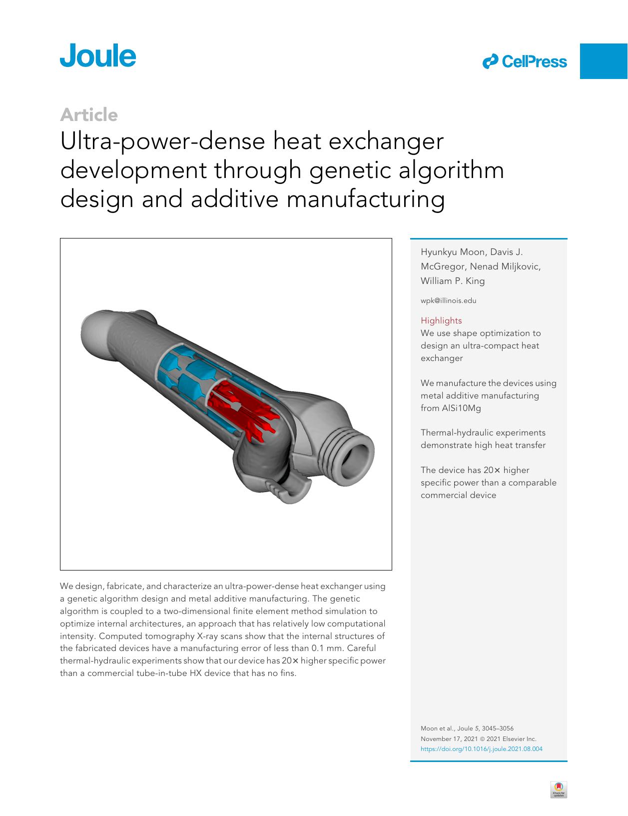 Ultra-power-dense heat exchanger development through genetic algorithm design and additive manufacturing by Hyunkyu Moon