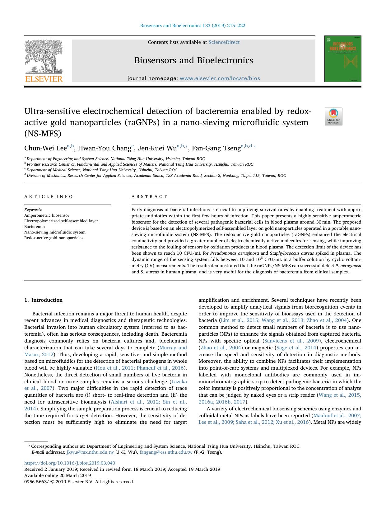 Ultra-sensitive electrochemical detection of bacteremia enabled by redox-active gold nanoparticles (raGNPs) in a nano-sieving microfluidic system (NS-MFS) by Chun-Wei Lee & Hwan-You Chang & Jen-Kuei Wu & Fan-Gang Tseng