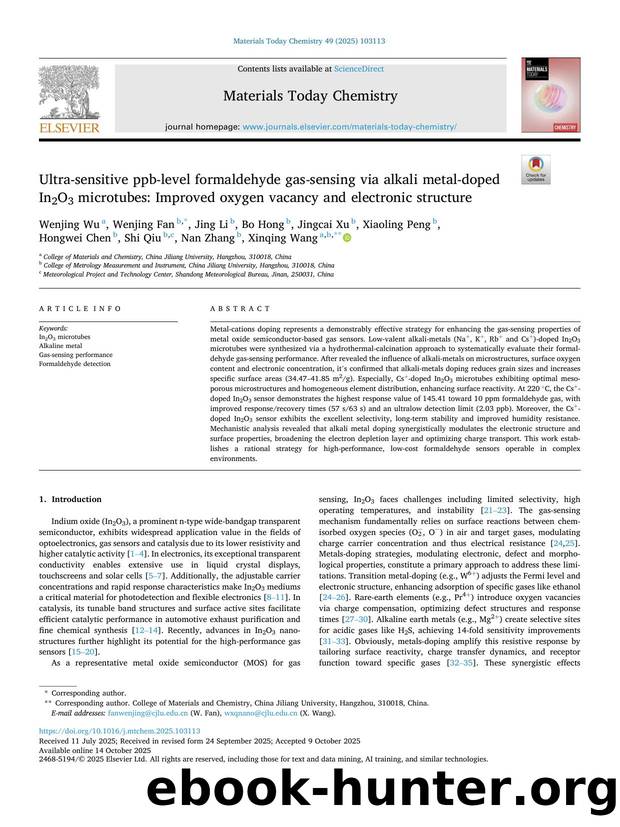 Ultra-sensitive ppb-level formaldehyde gas-sensing via alkali metal-doped In2O3 microtubes: Improved oxygen vacancy and electronic structure by unknow