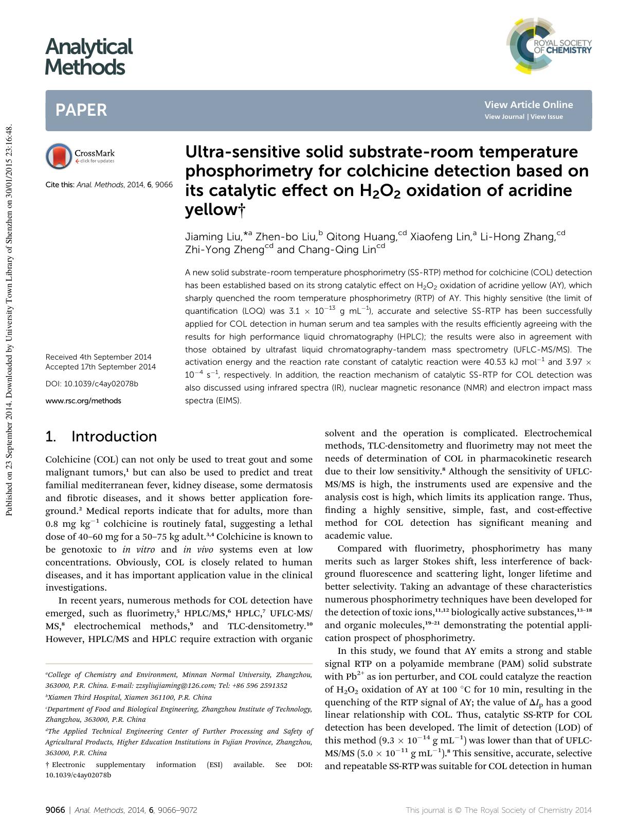 Ultra-sensitive solid substrate-room temperature phosphorimetry for colchicine detection based on its catalytic effect on H2O2 oxidation of acridine yellow by unknow