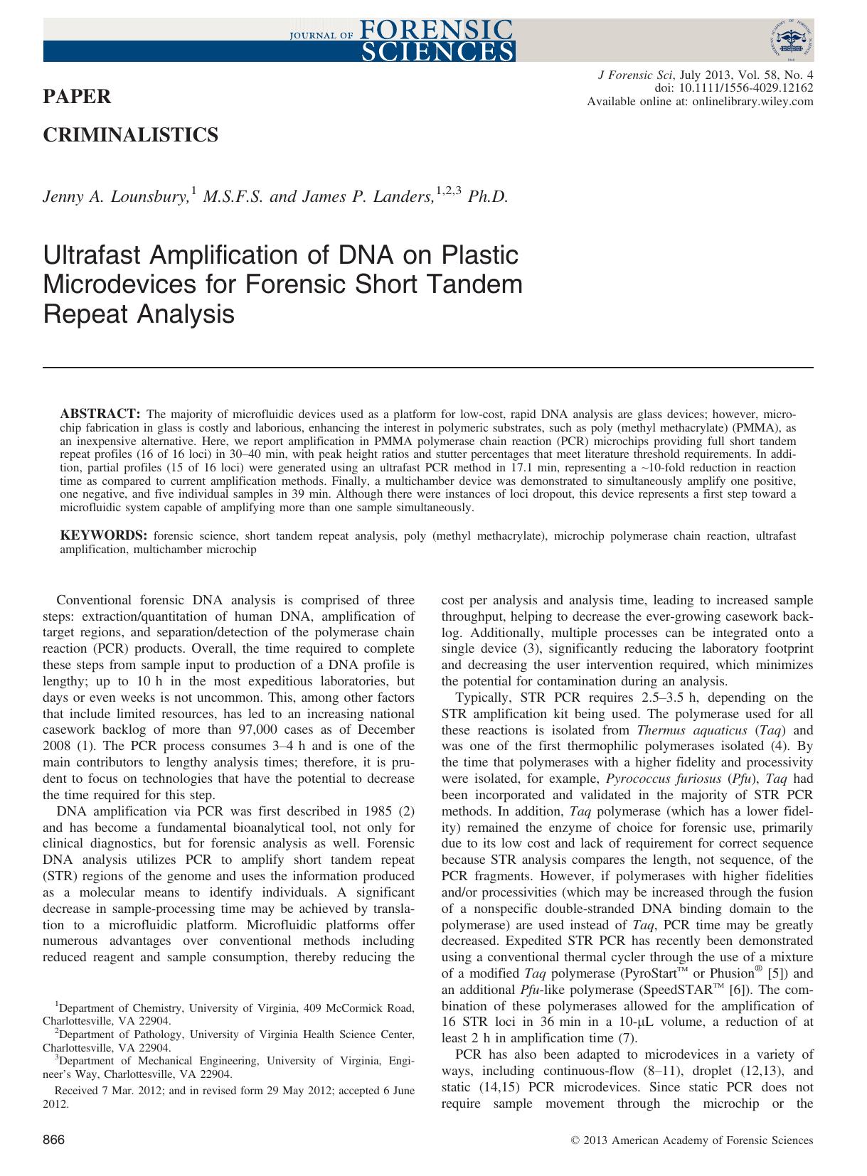 Ultrafast Amplification of DNA on Plastic Microdevices for Forensic Short Tandem Repeat Analysis by Unknown