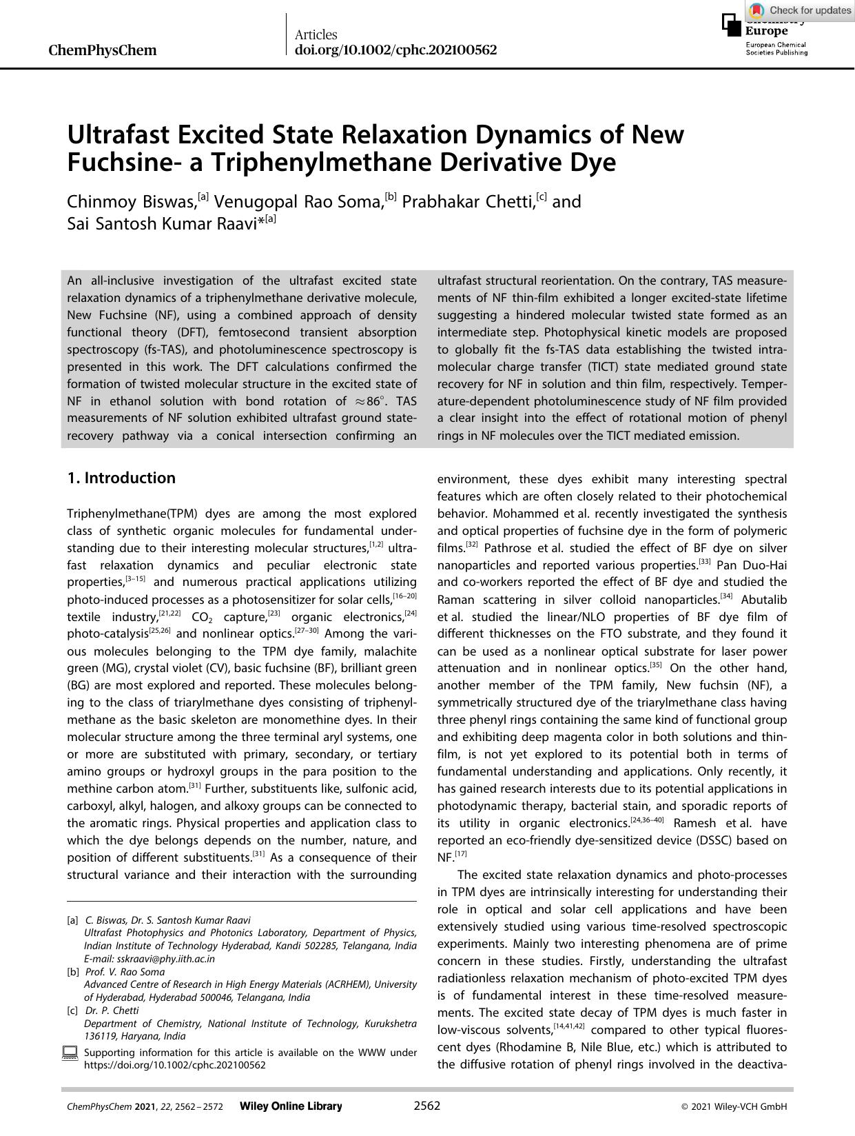 Ultrafast Excited State Relaxation Dynamics of New Fuchsineâ a Triphenylmethane Derivative Dye by Unknown
