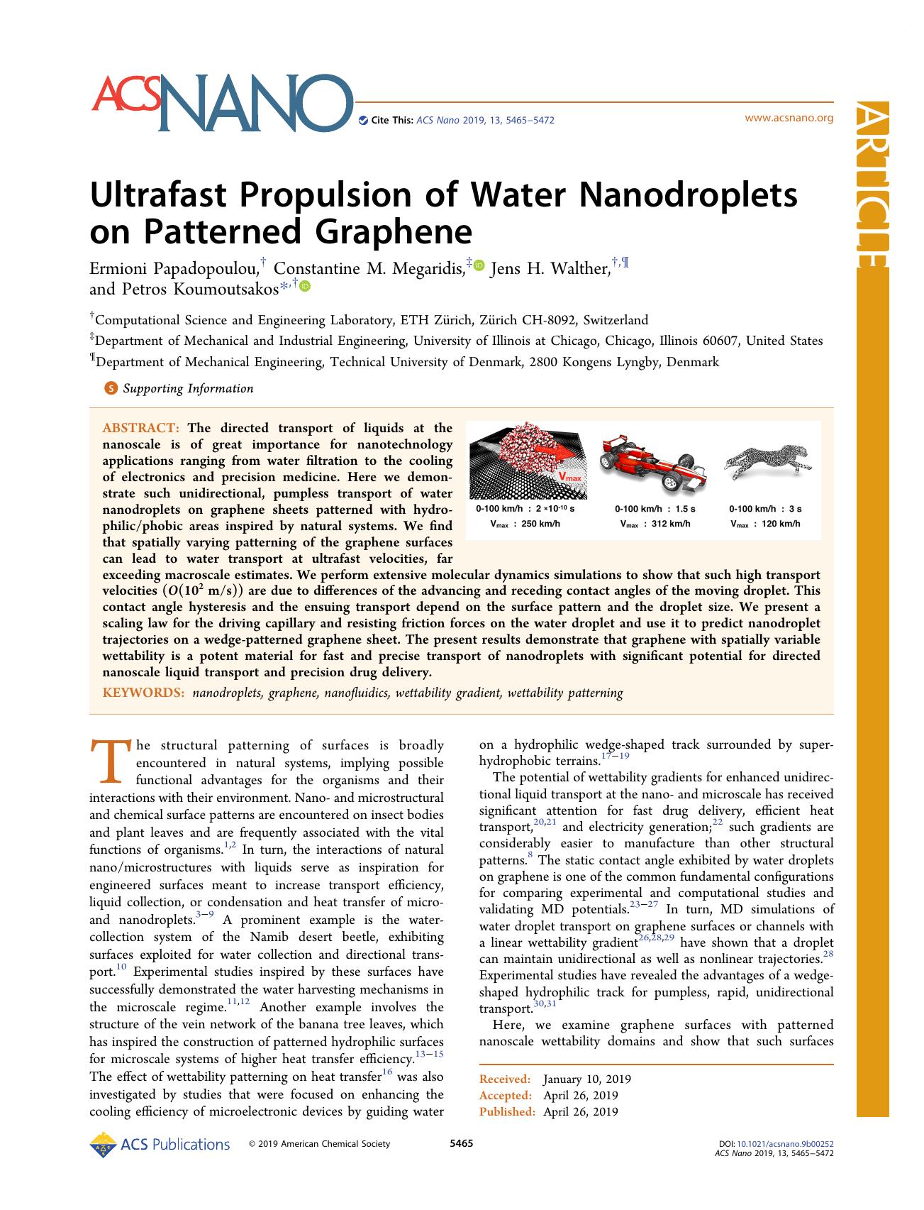 Ultrafast Propulsion of Water Nanodroplets on Patterned Graphene by Ermioni Papadopoulou Constantine M. Megaridis Jens H. Walther and Petros Koumoutsakos