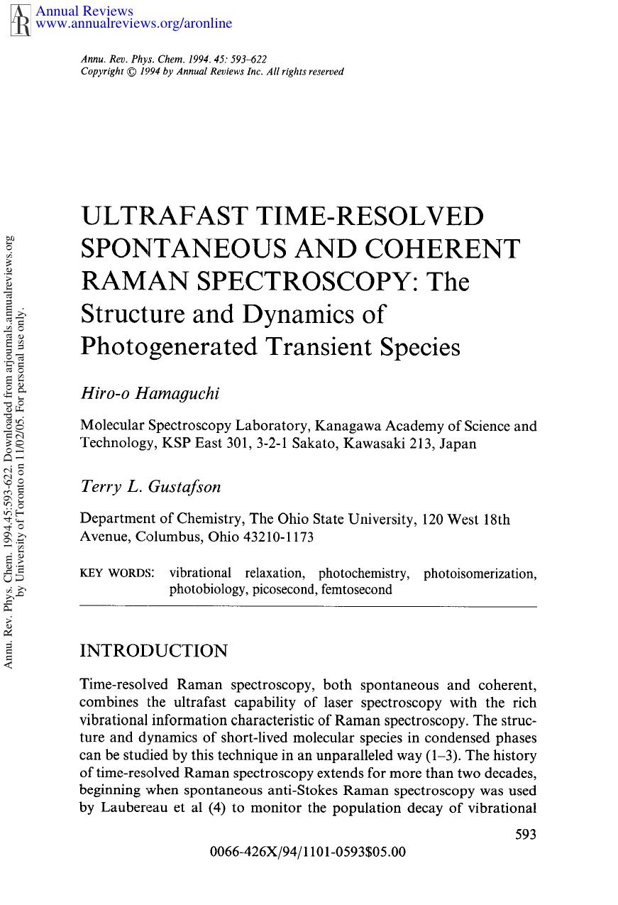 Ultrafast Time-Resolved Spontaneous and Coherent Raman Spectroscopy: The Structure and Dynamics of Photogenerated Transient Species by H Hamaguchi & T L Gustafson