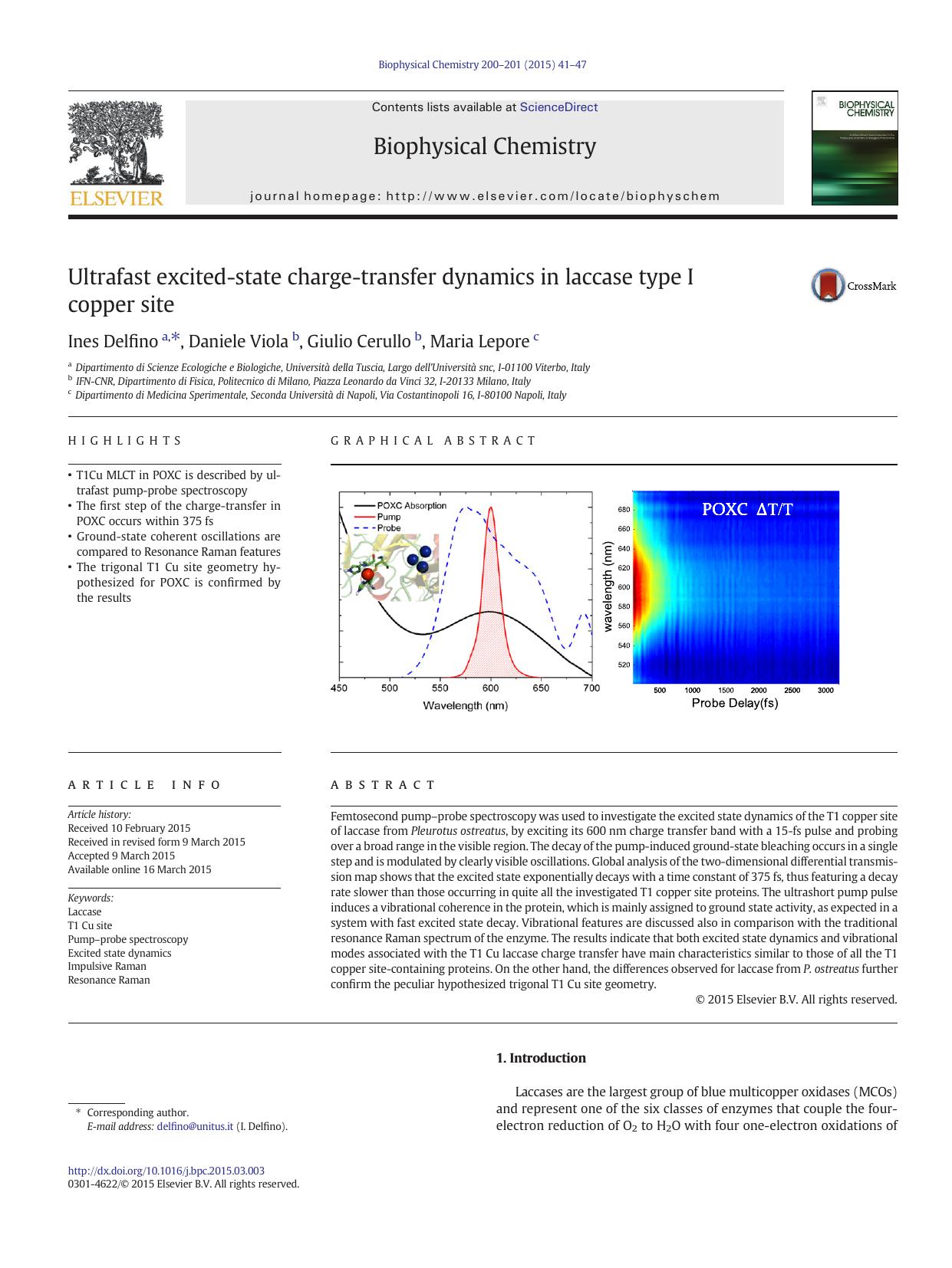 Ultrafast excited-state charge-transfer dynamics in laccase type I copper site by Ines Delfino & Daniele Viola & Giulio Cerullo & Maria Lepore