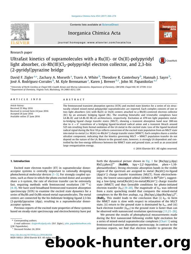 Ultrafast kinetics of supramolecules with a Ru(II)- or Os(II)-polypyridyl light absorber, cis-Rh(III)Cl2-polypyridyl electron collector, and 2,3-bis(2-pyridyl)pyrazine bridge by unknow