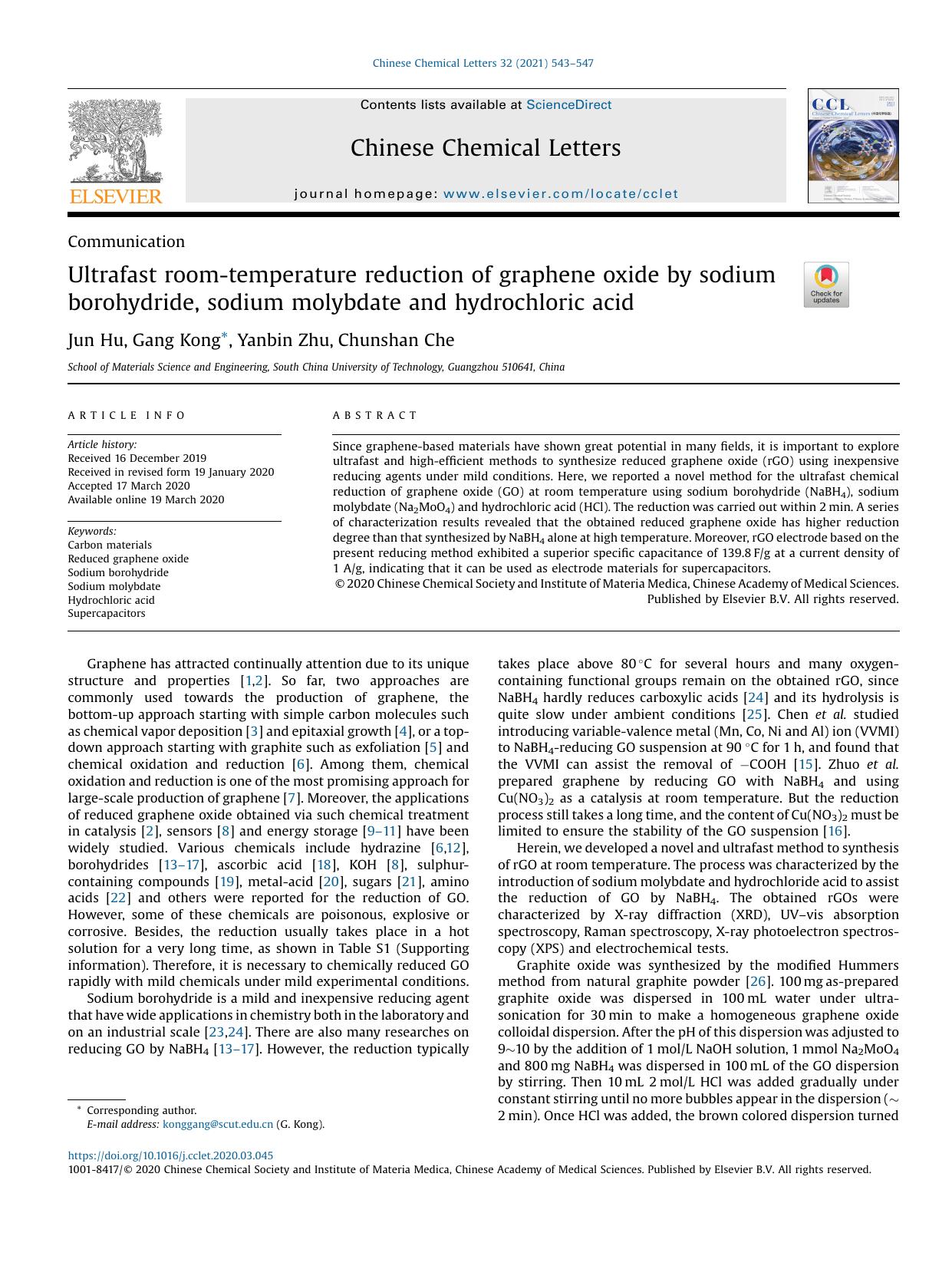 Ultrafast room-temperature reduction of graphene oxide by sodium borohydride, sodium molybdate and hydrochloric acid by Jun Hu & Gang Kong & Yanbin Zhu & Chunshan Che