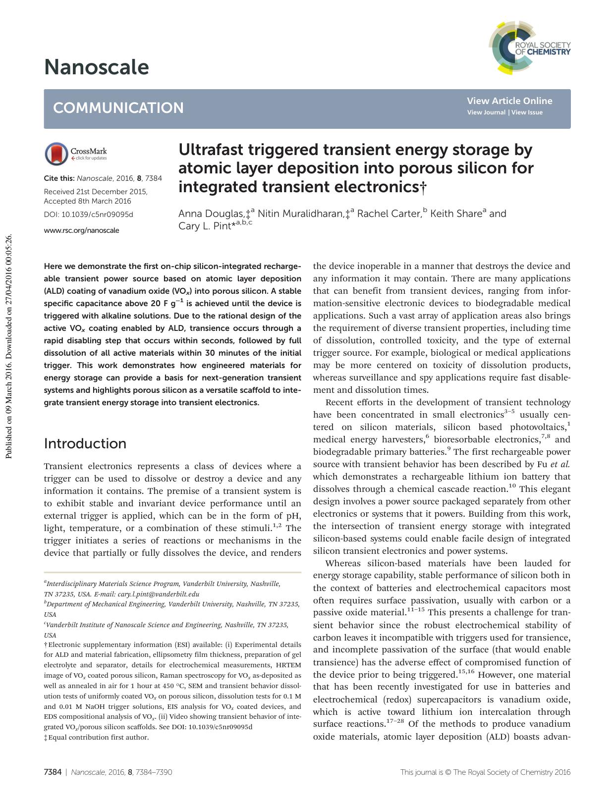 Ultrafast triggered transient energy storage by atomic layer deposition into porous silicon for integrated transient electronics by Anna Douglas Nitin Muralidharan Rachel Carter Keith Share Cary L. Pint