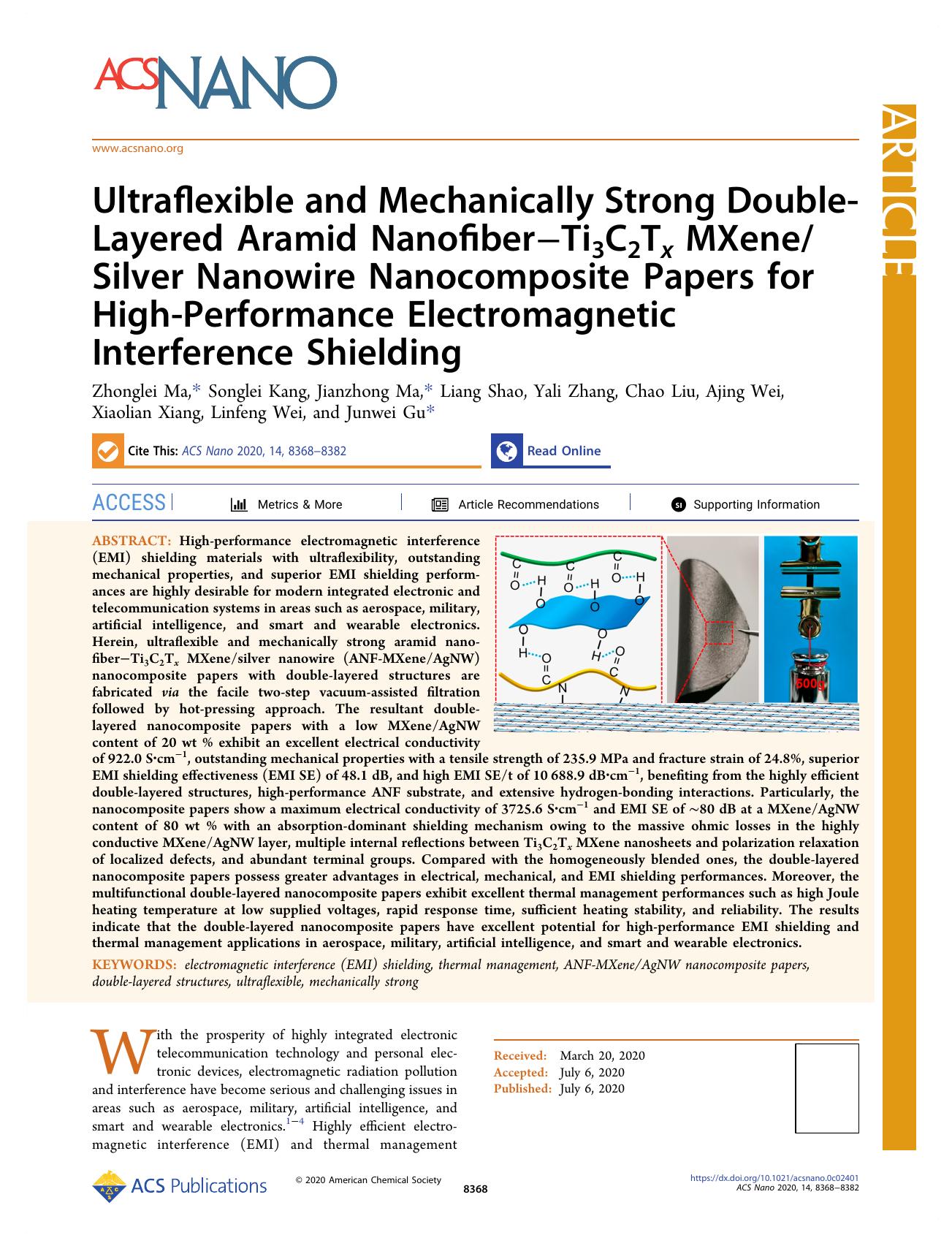 Ultraflexible and Mechanically Strong Double-Layered Aramid NanofiberâTi3C2Tx MXeneSilver Nanowire Nanocomposite Papers for High-Performance Electromagnetic Interference Shielding by unknow