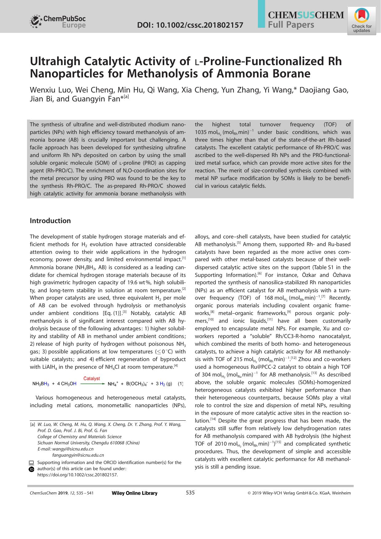 Ultrahigh Catalytic Activity of lâProlineâFunctionalized Rh Nanoparticles for Methanolysis of Ammonia Borane by Unknown