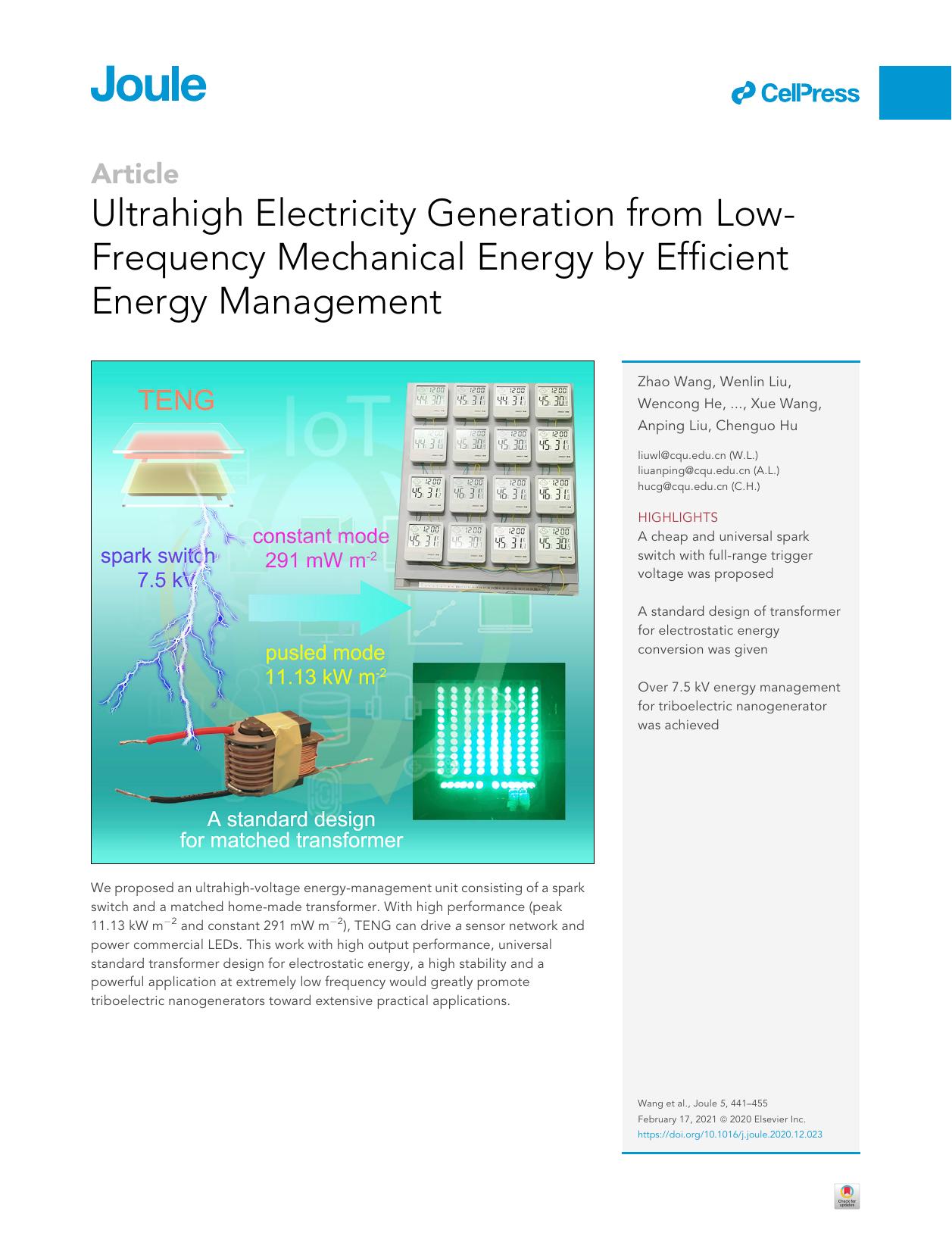 Ultrahigh Electricity Generation from Low-Frequency Mechanical Energy by Efficient Energy Management by unknow