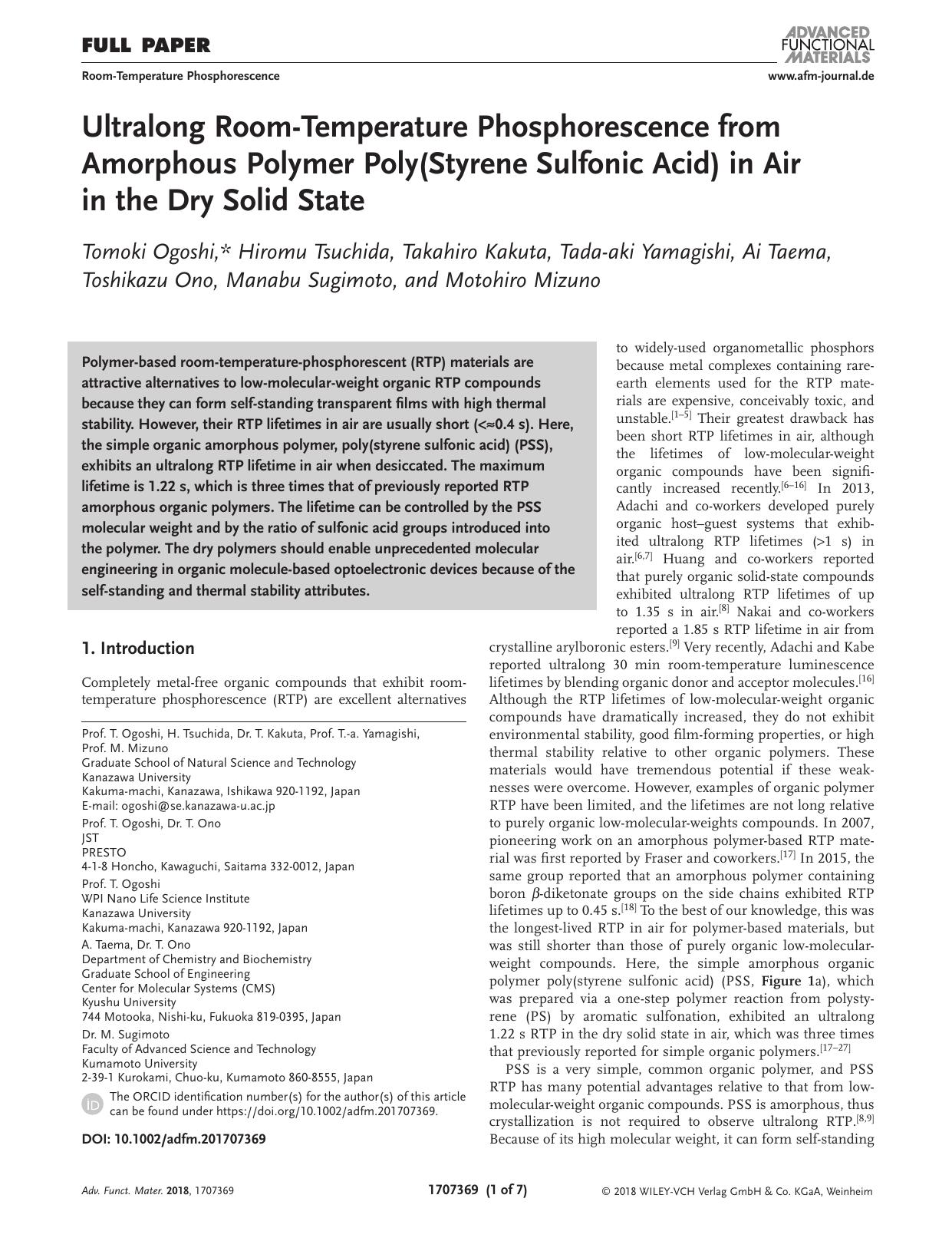 Ultralong Room‐Temperature Phosphorescence from Amorphous Polymer Poly(Styrene Sulfonic Acid) in Air in the Dry Solid State by Unknown