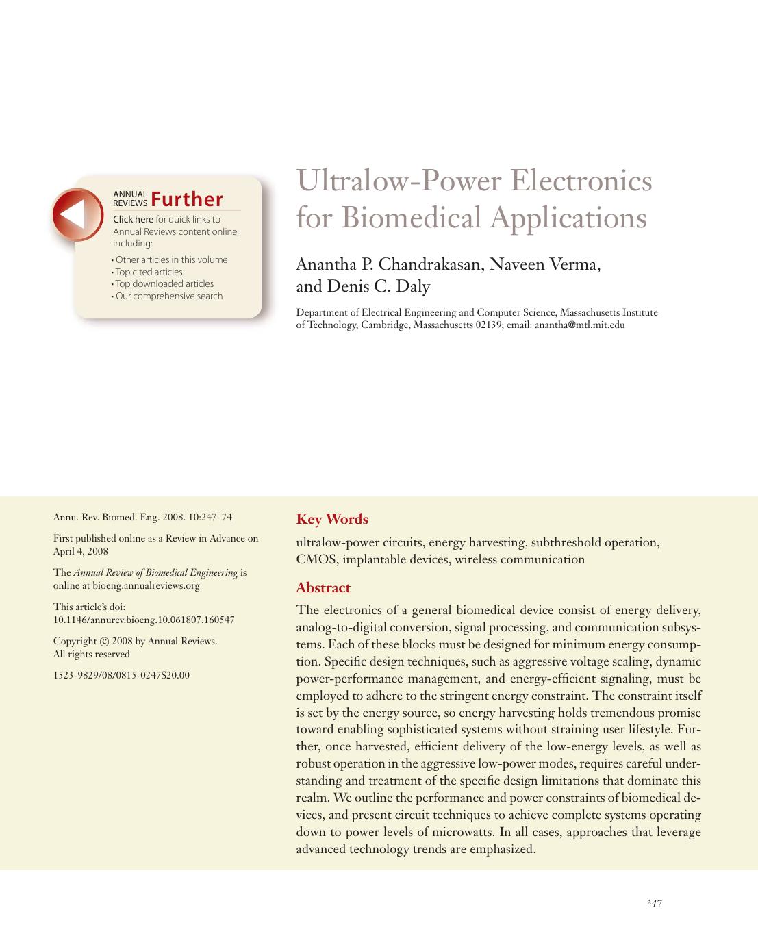 Ultralow-Power Electronics for Biomedical Applications by Anantha P. Chandrakasan Naveen Verma and Denis C. Daly