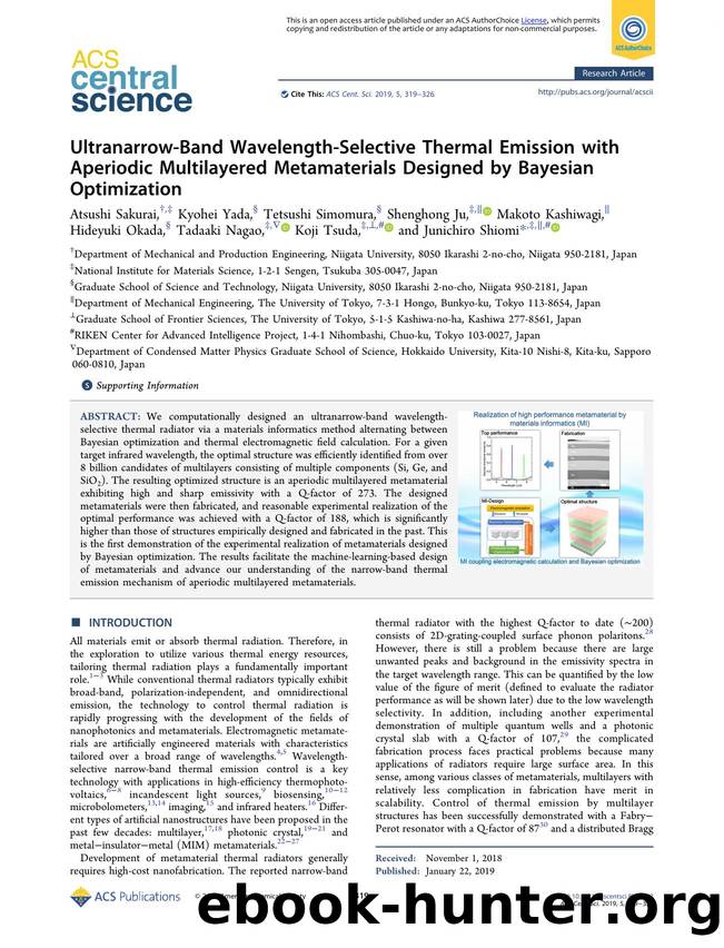 Ultranarrow-Band Wavelength-Selective Thermal Emission with Aperiodic Multilayered Metamaterials Designed by Bayesian Optimization by unknow